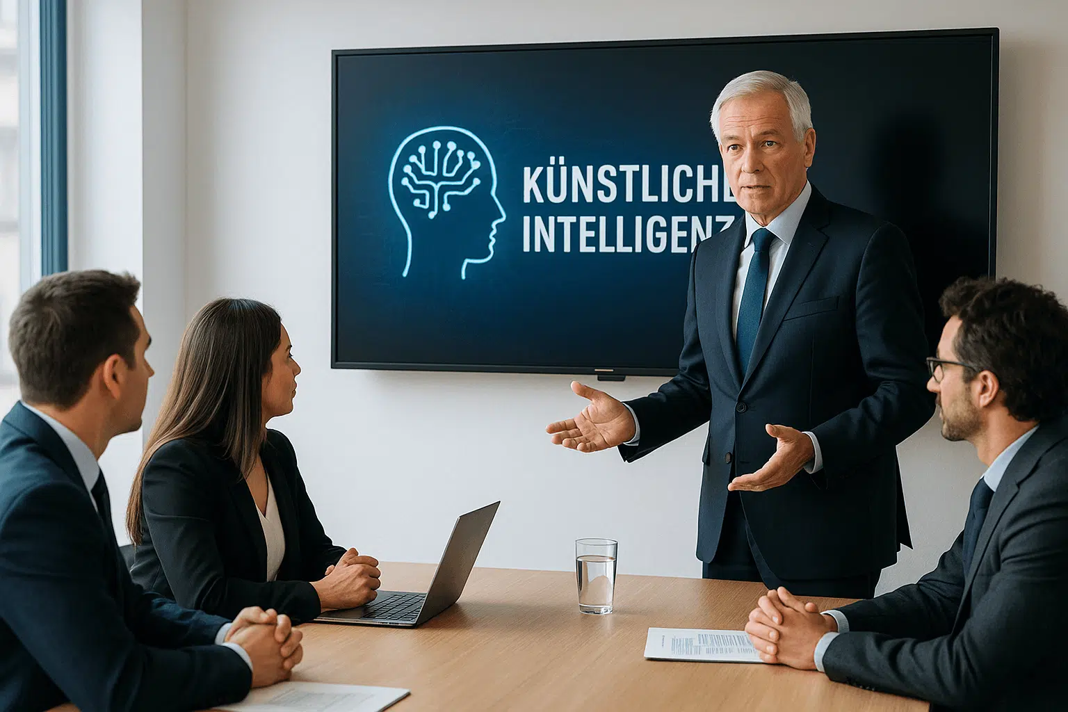 Ein älterer Geschäftsmann in dunklem Anzug präsentiert in einem modernen Konferenzraum vor einem Bildschirm mit der Aufschrift ‚Künstliche Intelligenz‘ und einem stilisierten Gehirn-Symbol. Drei beruflich gekleidete Zuhörer – zwei Männer und eine Frau – folgen der Präsentation aufmerksam.