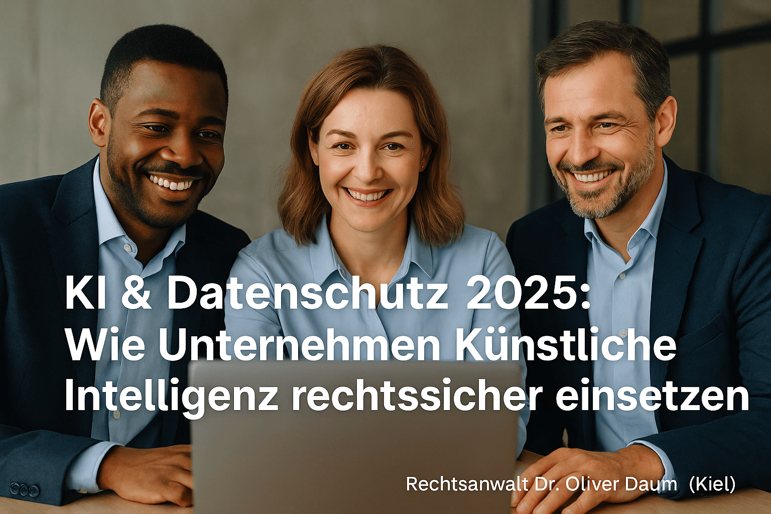 Drei freundlich wirkende Geschäftsleute – zwei Männer und eine Frau – sitzen gemeinsam in einem modernen Büro vor einem Laptop und lächeln. Der Text ‚KI & Datenschutz 2025: Wie Unternehmen Künstliche Intelligenz rechtssicher einsetzen‘ ist groß eingeblendet, der Zusatz ‚Rechtsanwalt Dr. Oliver Daum (Kiel)‘ steht unten rechts.