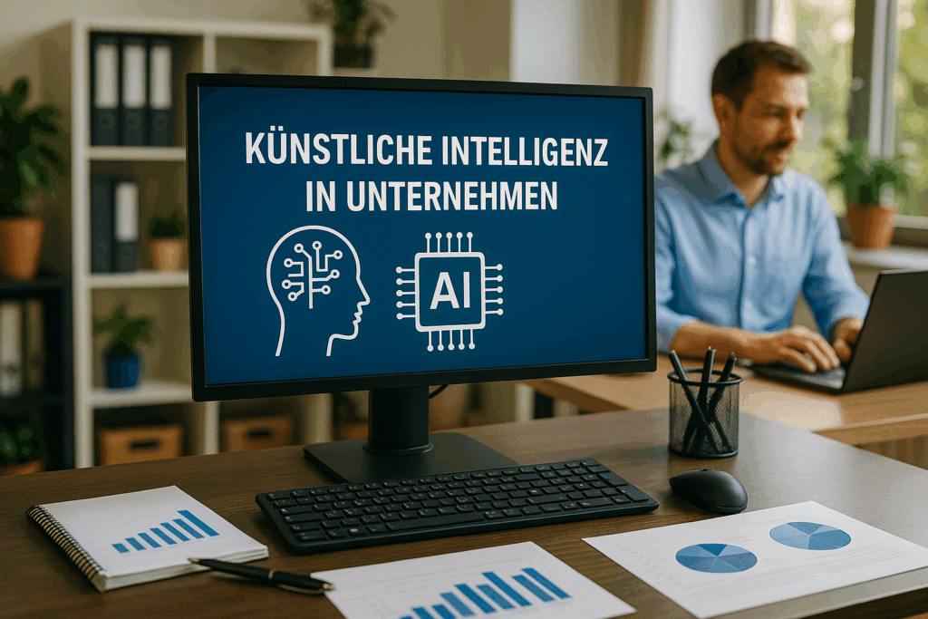 Ein moderner Büroarbeitsplatz mit einem Computerbildschirm im Vordergrund, der den Text ‚Künstliche Intelligenz in Unternehmen‘ sowie KI-Symbole zeigt. Auf dem Schreibtisch liegen Diagramme und Notizen, während im Hintergrund ein Mann an einem Laptop arbeitet. Der Raum ist hell, mit Pflanzen und Regalen im Hintergrund. [KI-Richtlinie]