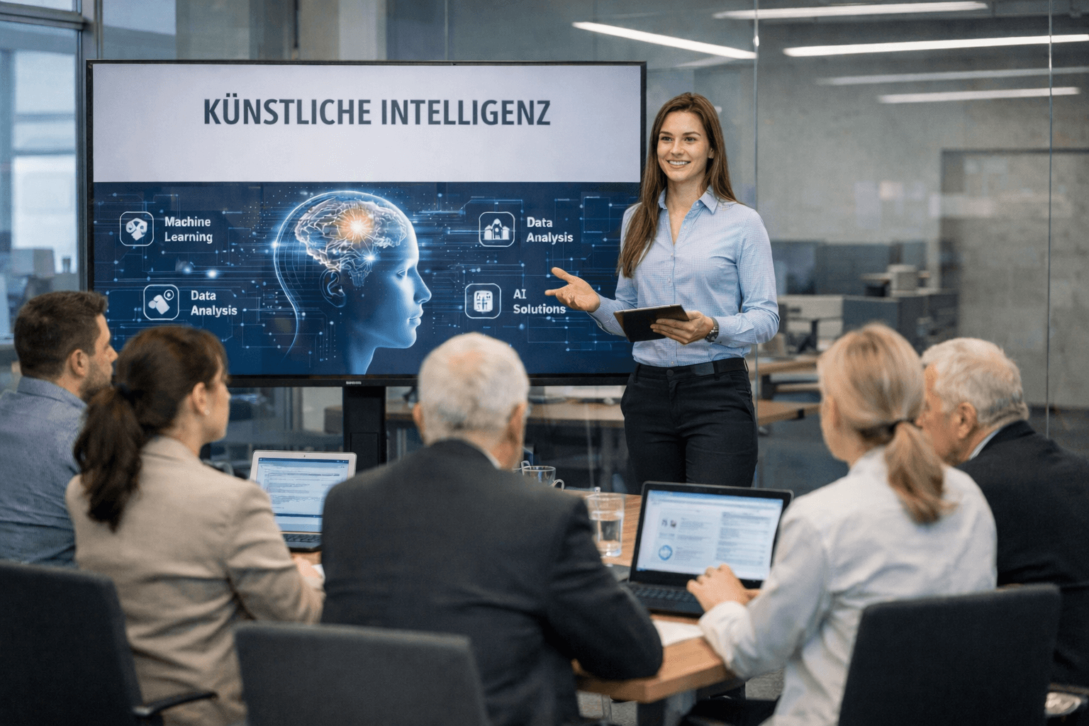 Eine Frau hält eine Präsentation zur KI-Kompetenz vor einer Gruppe von Erwachsenen in einem modernen Konferenzraum. Hinter ihr zeigt ein großer Bildschirm den Titel „Künstliche Intelligenz“ sowie eine Grafik eines menschlichen Kopfes mit hervorgehobenem Gehirn und Schlagwörtern wie „Machine Learning“, „Data Analysis“ und „AI Solutions“. Die Teilnehmenden sitzen an einem Tisch mit Laptops und hören aufmerksam zu.