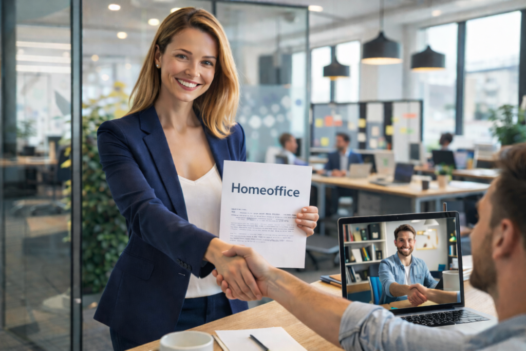 Moderne Arbeitgeberin in einem hellen, offenen Büro reicht einem Mitarbeiter per Handschlag die Hand, während sie ein Blatt mit der Aufschrift „Homeoffice“ in die Kamera hält; auf einem Laptop ist ein Mitarbeiter im Homeoffice per Videokonferenz zugeschaltet.
