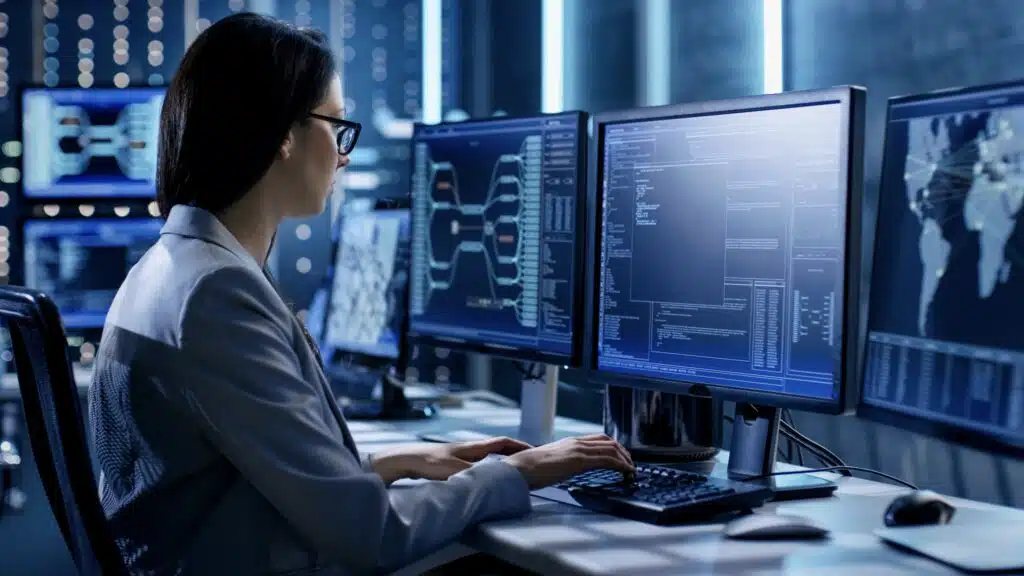 Frau analysiert IT-Systeme auf mehreren Bildschirmen mit Code und Netzwerkvisualisierung in einem Serverraum – Symbol für Cybersecurity und NIS-2-Compliance und IT-Sicherheit