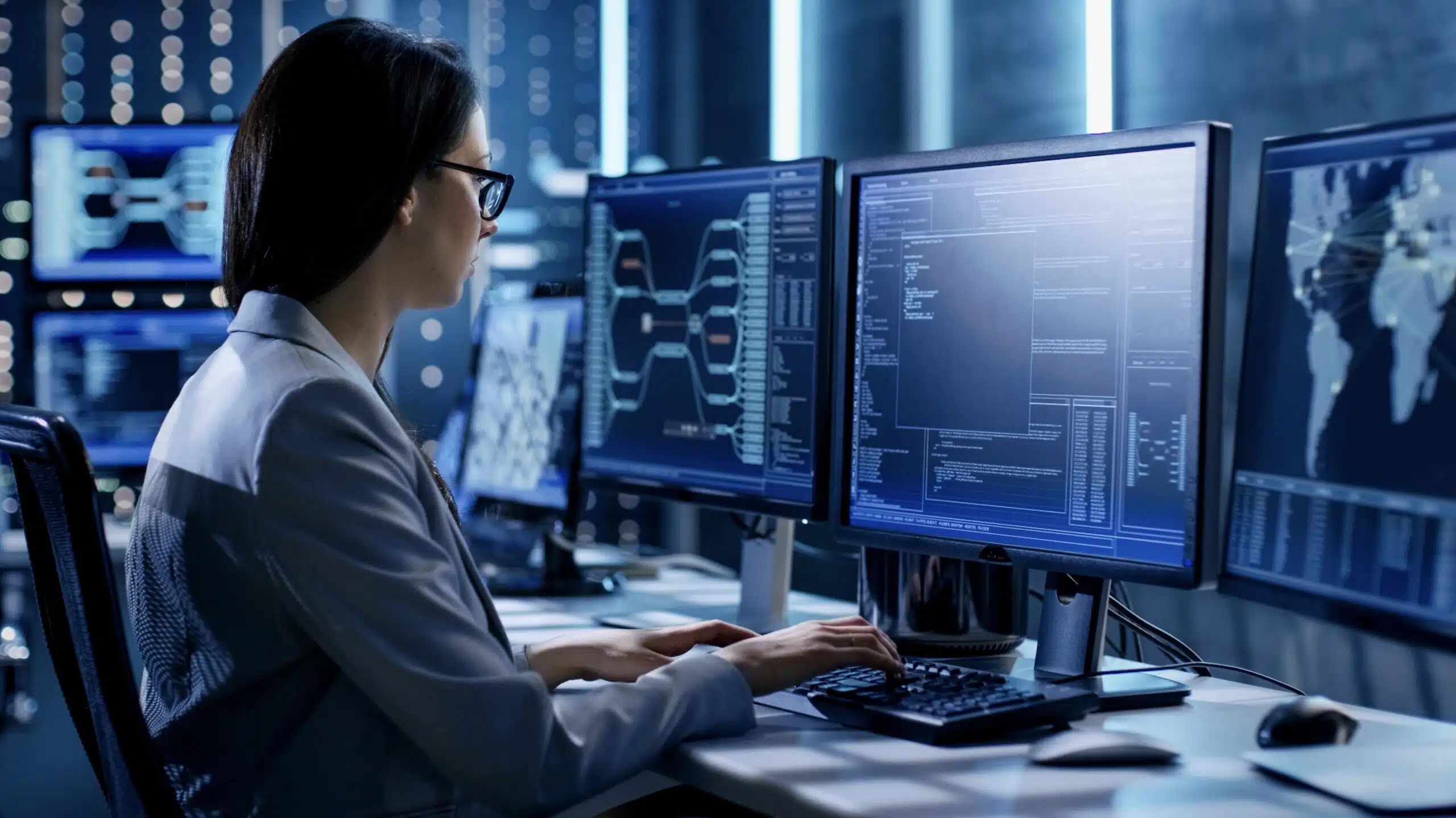 Frau analysiert IT-Systeme auf mehreren Bildschirmen mit Code und Netzwerkvisualisierung in einem Serverraum – Symbol für Cybersecurity und NIS-2-Compliance und IT-Sicherheit