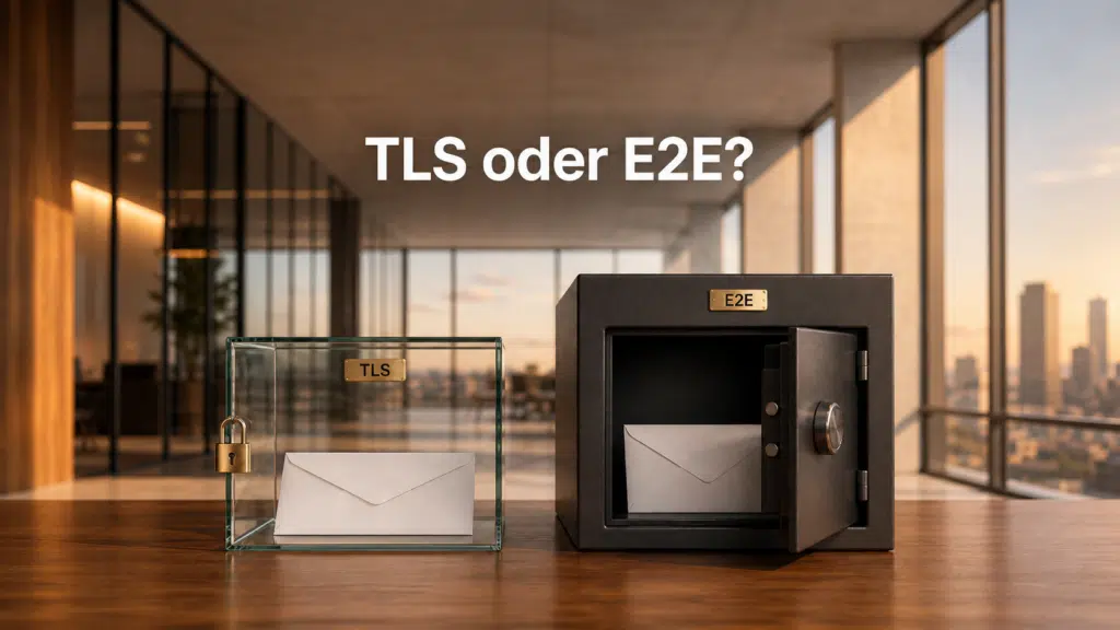 E-Mail-Verschlüsselung im Vergleich – TLS oder E2E? Brief im Glaskasten und Brief im Stahltresor in modernem Büro