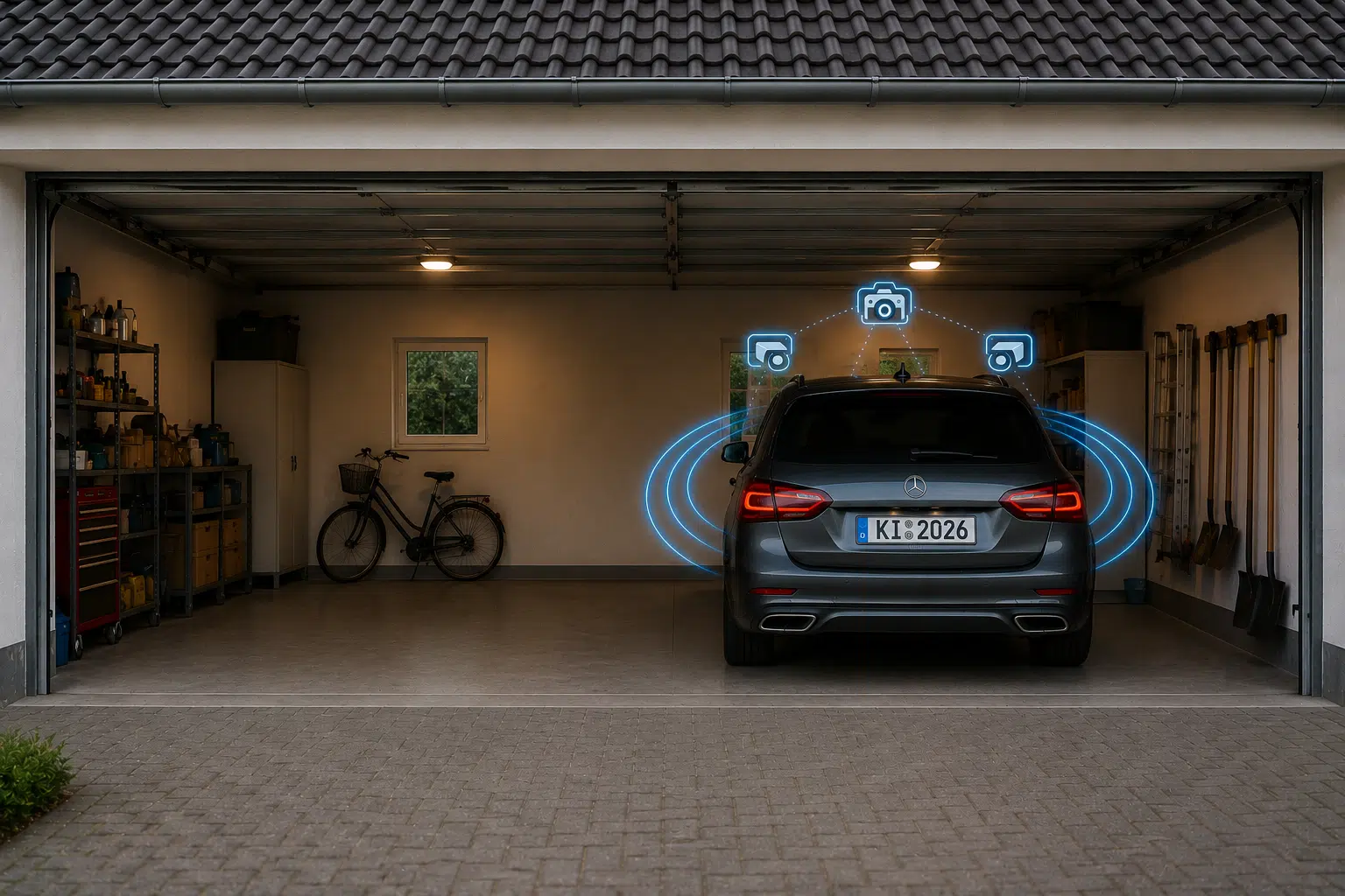 Das Bild zeigt eine helle Doppelgarage, die von zwei Parteien genutzt werden könnte. Auf der rechten Stellfläche steht ein silberner Mercedes-Kombi, umgeben von blauen grafischen Symbolen und Linien, die die Vernetzung und Kamerafunktionen des Fahrzeugs visualisieren. Die linke Garagenhälfte ist frei und mit Regalen sowie einem Fahrrad ausgestattet. Die Darstellung dient als Symbolbild für die Videoüberwachung und datenschutzrechtlichen Fragen.