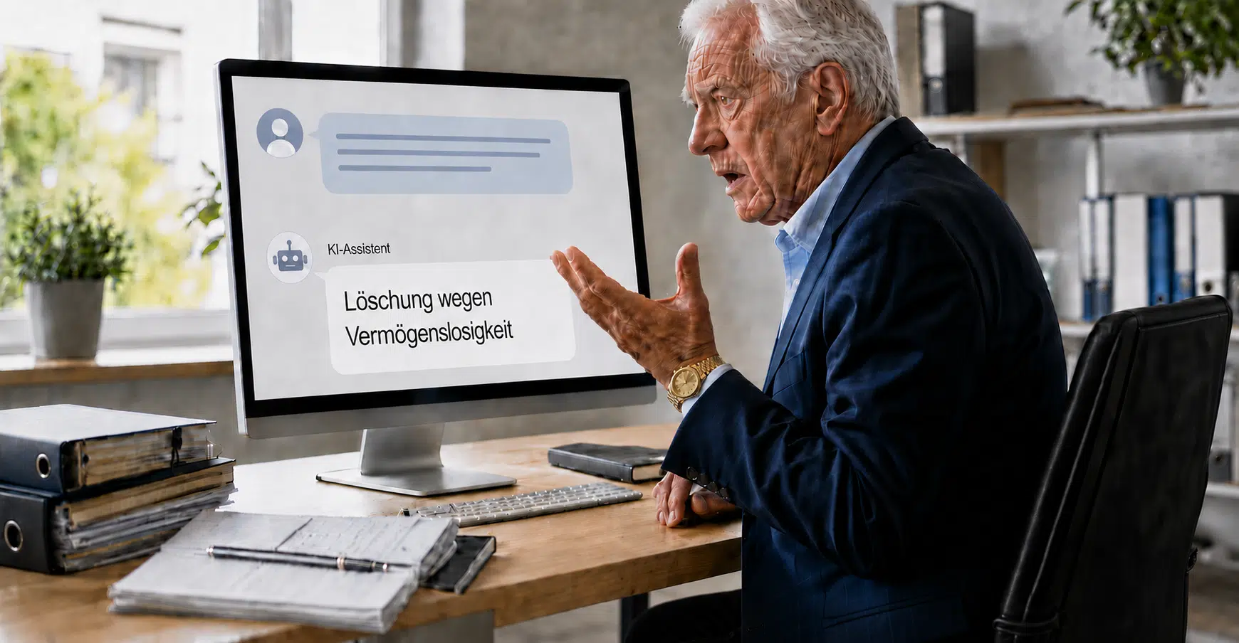 Mann reagiert entsetzt auf falsche KI-Chatbot-Aussage – Symbolbild Chatbot-Haftung, Rechtsanwalt Kiel