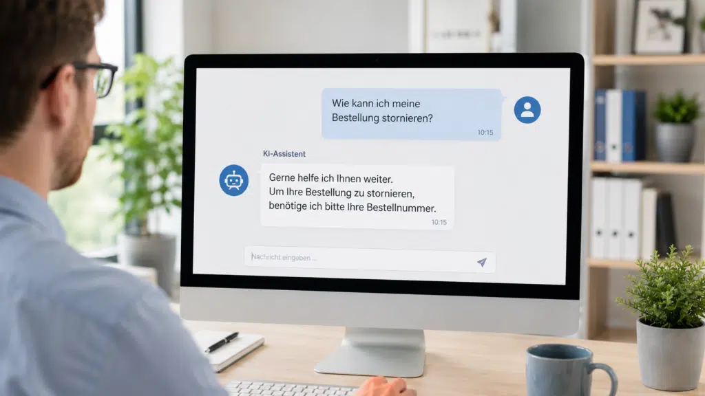 Person im Büro vor einem Chat-Interface mit KI-Assistent als Symbolbild für den datenschutzkonformen Einsatz von KI-Chatbots nach DSGVO und EU AI Act durch einen Rechtsanwalt in Kiel.