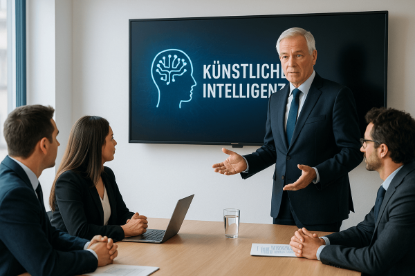 Ein älterer Geschäftsmann in dunklem Anzug präsentiert in einem modernen Konferenzraum vor einem Bildschirm mit der Aufschrift ‚Künstliche Intelligenz‘ und einem stilisierten Gehirn-Symbol. Drei beruflich gekleidete Zuhörer – zwei Männer und eine Frau – folgen der Präsentation aufmerksam.